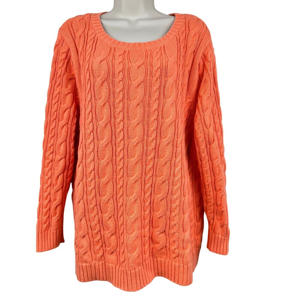 Lands' End Cable Knit Sweater Cotton Crew Neck Fisherman Orange Women's 2X